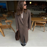 Brown Shoulder Pad Woolen Overcoat Women Elegant Lapel Single-breasted Long Sleeve Coat 2025 Autumn Lady Commuter Outerwear