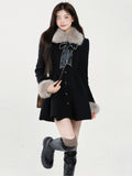 Women Elegant Long Sleeve Mini Dress Warm Winter Sweet Faux Fur Collar Woolen Dress Female Vintage A-line Party Dress