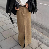 Pbong  New Autumn/Winter Vintage Suede Half Skirt for Women Elegant Commuting Brown Slit Straight Suit Skirt High Waist Long Skirt
