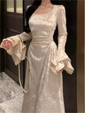 Autumn Elegant Velvet Midi Dresses For Women Lace Patchwork Flare Sleeve A-line Birthday Party Dress Vestidos Mujer New