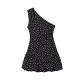 Polka Dot Slanted Shoulder Fashion Women Dress New Slim Sleeveless Black Party Dress For Summer Streetwear Woman Clothing