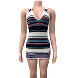 Sexy constrast color striped halter short dress y2k aesthetic euramerican all match slim bodycon clothes punk temperament dress
