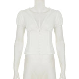 V Neck Short Sleeve T shirt For Women Lace Splice Puff Sleeve Top Slim Buttons Short T shirt Solid Sexy Hot Girl Tanks