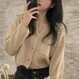 Women Crop Cardigan Collared Front Pocket Long Sleeve Button Down Sweater Jacket Cardi Female Autumn Winter Casual Chic