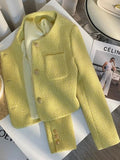 Yellow Sweet Tweed Jacket Women Elegant Retro Slim Long Sleeve Short Coat Korean O Neck Casual Fall Female Vintage Outwear