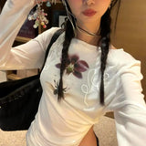 Y2k Printed Off Shoulder T-shirt Sweet Transparent White Long Sleeve T-Shirts Korean Fashion Casual Loose Tops Slim Up