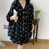 Pbong  Loose Floral Printing Pajama Set Summer New Women Night Wear Pj Set Half Sleeve Knee V-neck Sleepwear Femme Nightie