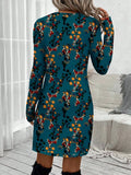 Pbong  Women's Long Sleeve Floral Print Bodycon Dress, Teal Vintage Ditsy Pattern, Casual Chic Mini Dress