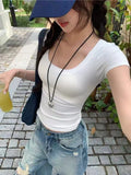Solid Color Soft Basic Top for Women Summer Skinny Sexy T-shirt U Collar Shirt  Short Sleeve Top for Hot Girl