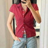 Preppy Vintage Gingham T Shirt Women Y2k Short Sleeve Button Up Shirt 90s Coquette V Neck Slim Fitted Blouse Casual Crop Tops