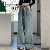 Elastic Waist High Waist Wide Leg Jeans for Women Loose Straight Blue Long Denim Pants Female Fashion Streetwear Jeans
