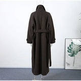 Elegant Grey Belt Long Faux Wollen Coat Women Lapel Double Breasted Street Coats Female 2025 Autumn Winter New Lady Peacoat