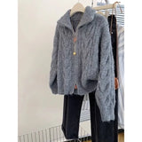 Women Autumn Winter New Lazy Style Loose Knitted Cardigan Retro Solid Color Double Zipper Turn-down Collar Sweater New Women Top