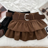 Tiered Ruffled Mini Skirt with Belt Built-in Shorts Thick Wool High Waisted Short Skirt Women Teen-girl Autumn Winter Y2K Outfit