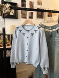 Cute Contrast Bow Sweater Cardigan Women's Autumn Winter Long Sleeve Single Breasted Knit Jacket Tops Korean Sweet Outfit
