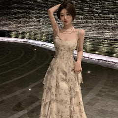 Vintage Shivering Print Dress for Women Sling Sleeveless Slim Flounce Chiffon Casual Korean Long Dresses Female Clothing Summer