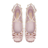 Pbong  V family riveted satin ballet shoes female new bow French single shoes flat bottom Mary Jane princess shoes