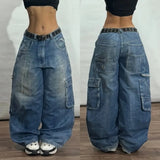 Pbong  American New Fashion Letter Embroidery Stitching Old Baggy Jeans Women Y2K Harajuku  Popular High Waist Wide Leg Trousers