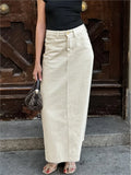 Beige Solid Color Color Straight Long Skirt Spring Summer Slit Chic Women Skirt High Waist Button Casual Women Clothing New