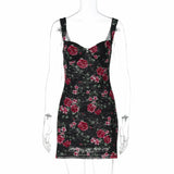 Mesh Print Sexy Mini Dress Women Summer New Spaghetti Strap Sleeveless Backless High Waist Beach Ruched Club Dress