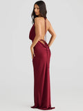Satin Halter Backless Sexy Maxi Dress Women Gown Elegant Solid Sleeveless Lace-up High Waist Evening Club Long Dress