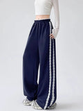 Pbong  Lace Striped Sweatpants Women Retro Streetwear Loose Y2K Wide Leg Pants High Waist Casual Patchwork Bf Lace Up Trousers New