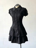 Y2k Vintage Black Lace Shirt Dress for Women Slim Waist All-match Dresses Summer New Short Sleeve Vestidos De Mujer