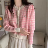 Women's Knit Cardigan with Heart-shape Button Front Plaid Sweater Jacket Soft Knitwear Teen-girl Autumn Winter Fairycore Outfit