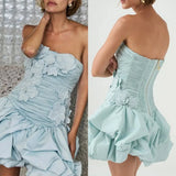 Pbong  High Quality Strapless Blue Above Knee Pleat Backless Zipper Appliques Robe Vestidos De Fiesta Para Bodas