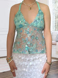 Pbong  Women Flower Sequined Tank Top Halter V Neck Backless Tie-up Camisole Fashion Sexy Club Vest Summer