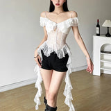 Pbong  Y2k Aesthetic Lace Irregular Tops Vintage Harajuku Hollow Out Summer T-Shirt Streetwear Sexy See Through Shirt Fairy Bandage Tee