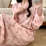 Pbong  Fashion Print Pajamas Set New Spring Autumn Women Sleepwear Lounge Wear 2PCS Robe+Trouser Pijamas Suit Loose Casual Homewear