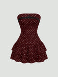 Pbong  Sweetra New Winter French Fashion Polka Dot Lace Ruffle Bow Design Office Commute Casual Cute Sweet Style Strapless Bodycon Cinc
