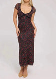 French Retro Floral Print Dress Sweet Chic Lace V-neck Slim Long Dress Short Sleeve Tight Women Dress Vacation Female Clothing