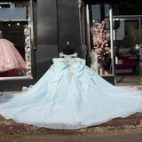 Pbong  Customized Glittering Sky Blue Tull Princess Quinceanera Dress Beaded Crystal Sweet 16 Party Dress Bow Vestidos De 15 Birthday
