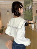 Sweet Sailor Collar Sweaters Women Vintage Preppy Style Fall Knitted Jumpers Casual Long Sleeve Lady Loose Striped Pullover New