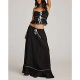 Pbong  y2k Two Piece Set Women Sexy Striped Spaghetti Strap Sleeveless Camisole with Ruffle Trim Pleated Long Skirt Streetwear