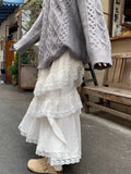 Korean Fashion White Ruffle Lace Skirt Women Fairycore Vintage High Waist Irregular Patchwork Long Skirt Cute Streetwear