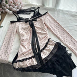 2000s French Elegant Slim Sexy 2 Piece Dress Sets Y2k Long Sleeve Sweet Dot Tops + One Piece Dress Korean Harajuku Autumn Suits
