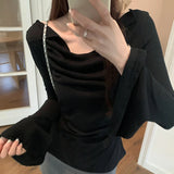Pbong  Women Clothing Summer Sun Protection T Shirts Flare Sleeve All Match Slim Fit Tees Fashion Tunic Pleated Tshirt