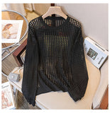 Women Mesh Top Oversized Long Sleeve T-shirts Crew Neck Loose Casual Knit Tees See-Through Openwork Knit Top Women Spring Summer