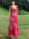 Women Print Flower Red Vacation Dress Elegant V-Neck Ruffled Long Evening Party Dresses Vintage Slim A-Line Vestidos Mjuer New