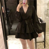 Pbong  Long Sleeve Dress Women Red V-neck Cascading Ruffle Casual Mini Dresses Womens Elegant Party Vestidoes Fashion Solid Trendy