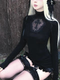 Gothic T-Shirt Cross Y2k Women Sweater Hollow Harajuku Turtleneck Pullover Japanese Fashion Slim Autumn Black Sweater Sexy