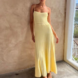 Women's High Waist Knit Dress Sleeveless Pleated Long Dress Casual Vacation Beach Slip Dresses Summer Fashion Female Clothing