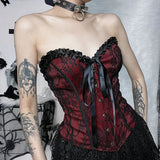 Pbong  Tube Top Gothic Printed Lace Trim Sleeveless Metal Buttons Lace-up Corsets Tank Top Court Elegant Fairy Grunge Top