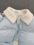 Blue Floral Patchwork Parkas Women Korean Sweet Winter Warm Puffy Coat Casual Long Sleeve Loose Preppy Style Cotton Jacket
