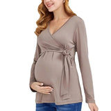 Pbong  Spring and Autumn New Soft Solid Color High-quality Pregnant Women's T-shirt Breastfeeding V-neck Long Sleeved Anti Glare Top