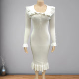 Women's High Waist Ruffled Maxi Dress Autumn And Winter Knitted Slim Long Dress Women's Retro Dress Fashionable And Elegant