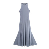 Sleeveless Party Fashion Long Dress Vestidos Solid Color Gray Blue O-neck Solid Color Fishtail Dress 2025 New Female Clothes